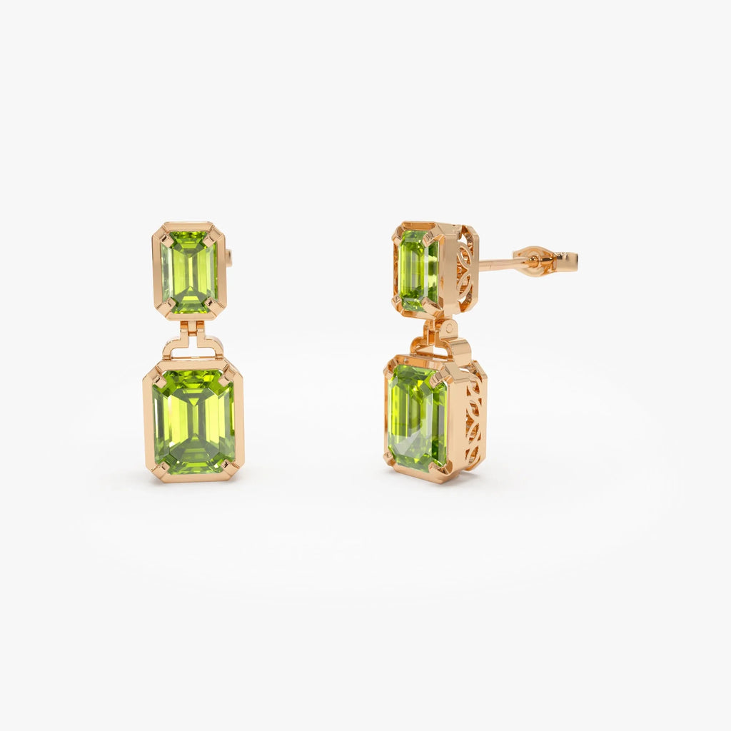 14K Solid Gold Octagon Cut Peridot Dangle Drop Earrings 4.50ctw