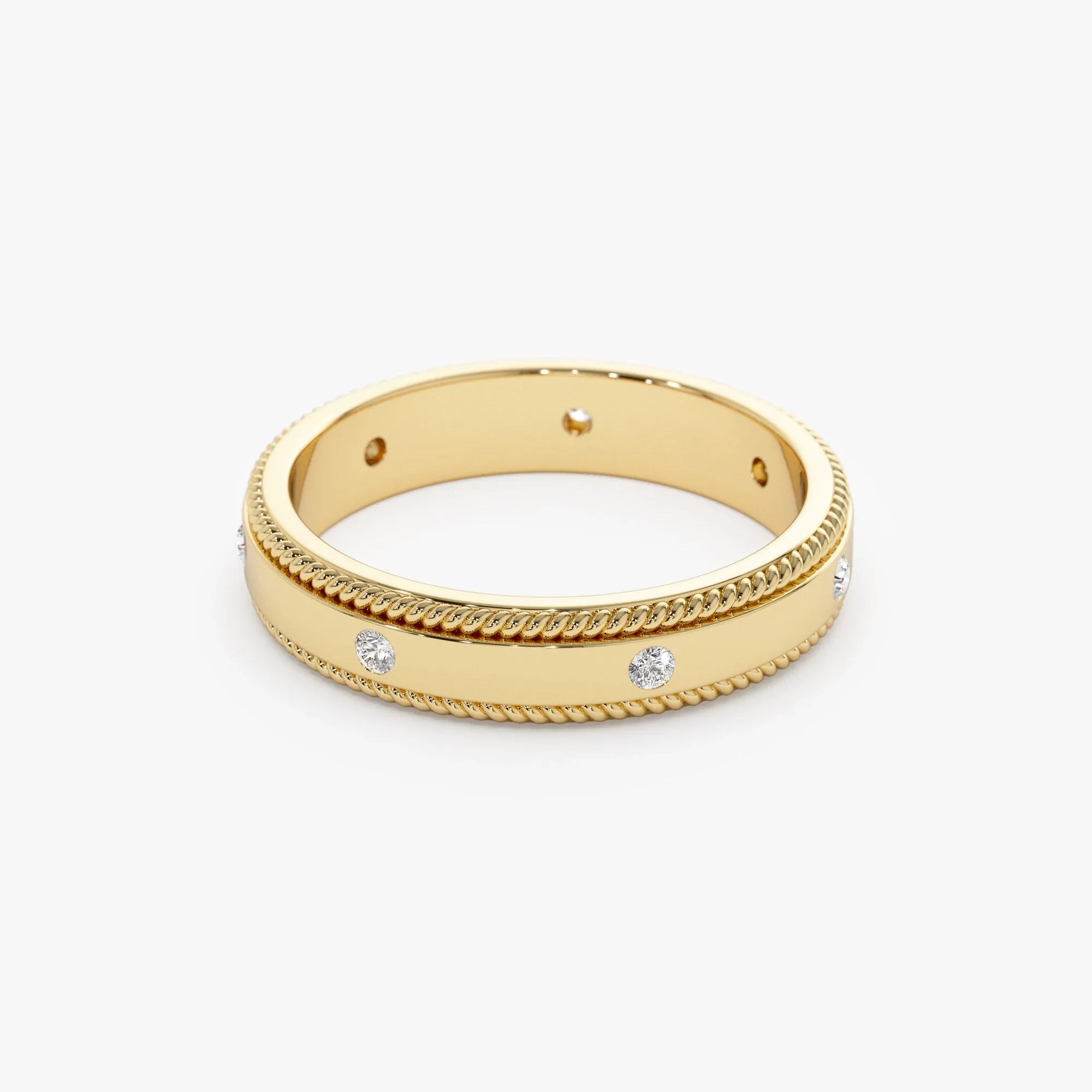 14k Gold Diamond Round Cut Wedding Band Flat Milgrain Edge 4mm 0.12 ctw