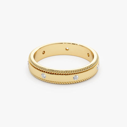 14k Gold Diamond Round Cut Wedding Band Flat Milgrain Edge 4mm 0.12 ctw
