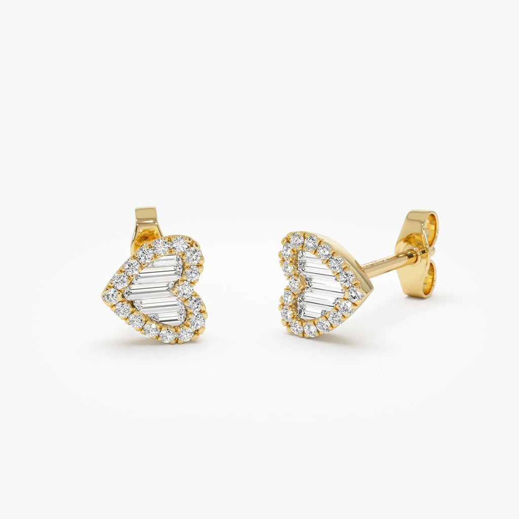 14k Gold Diamond Round and Baguette Cut Heart Stud Earrings 0.28 ctw