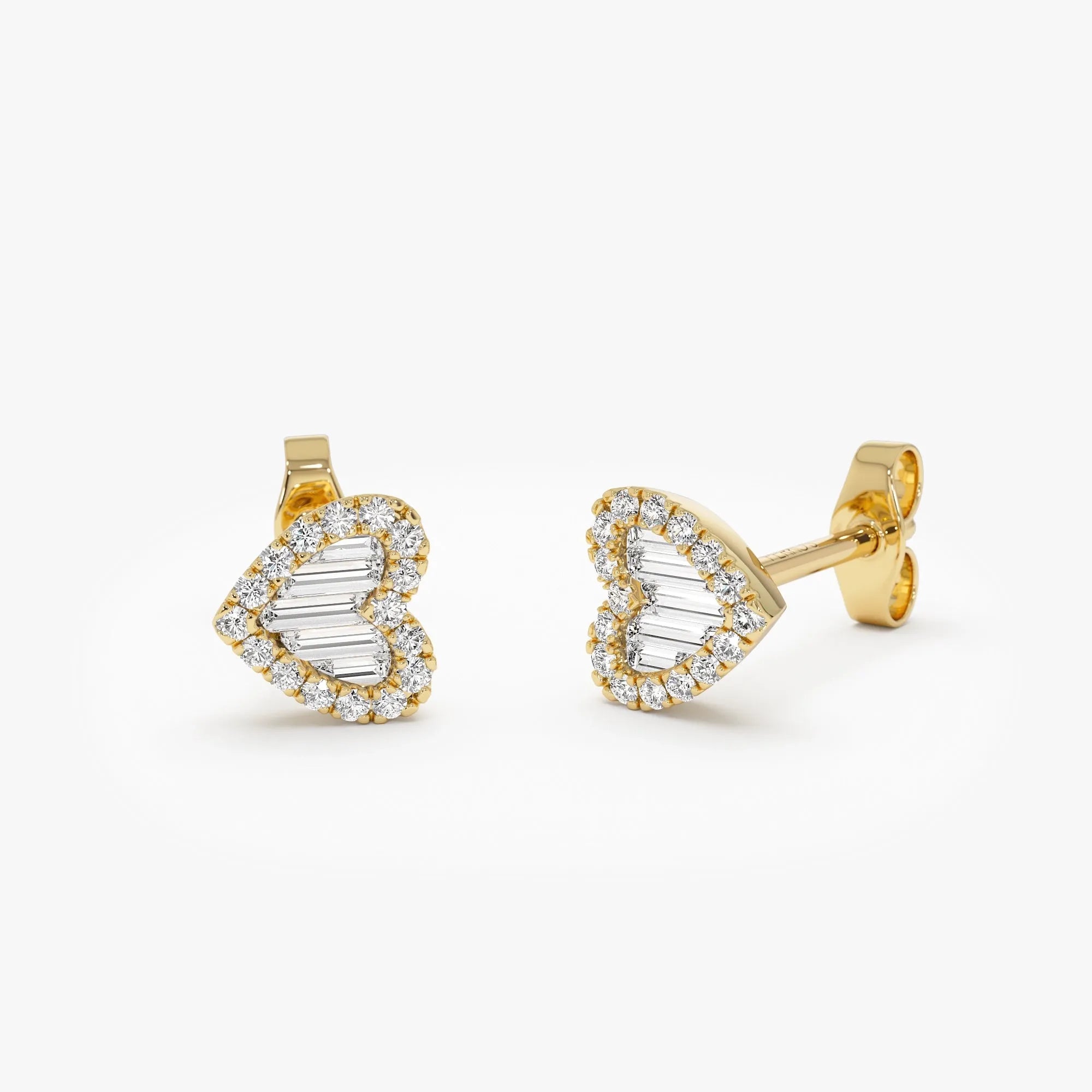 14k Gold Diamond Round and Baguette Cut Heart Stud Earrings 0.28 ctw