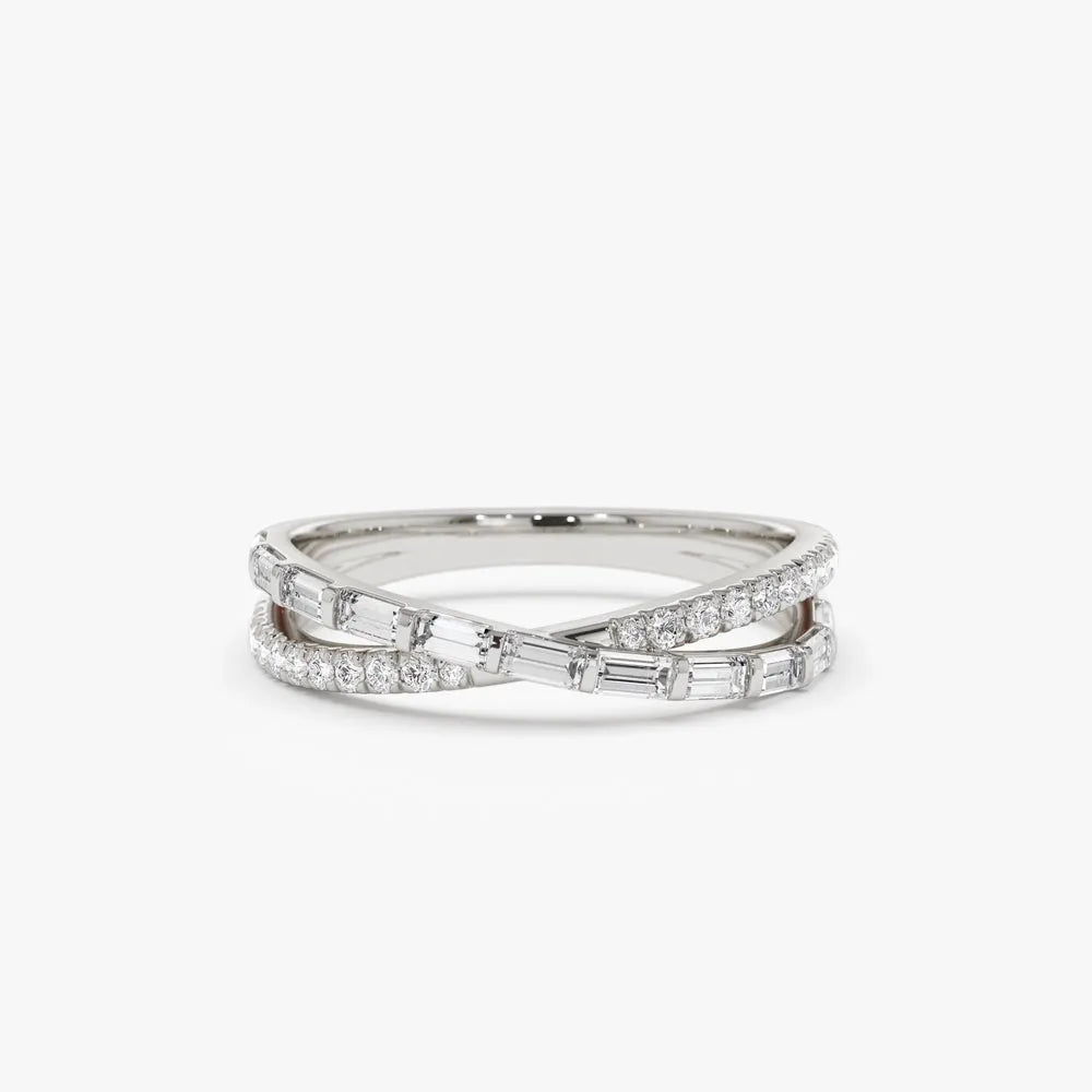 14k Gold 0.49 Carat Round and Baguette Diamond Crossover Ring