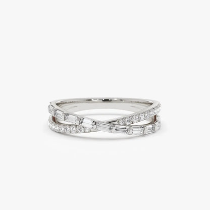 14k Gold 0.49 Carat Round and Baguette Diamond Crossover Ring