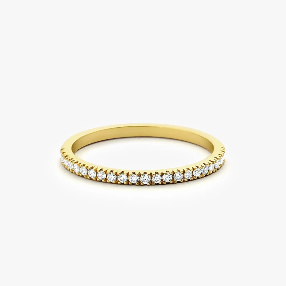 14K Gold Round Diamond Half Eternity Micro Pave Stackable Wedding Ring