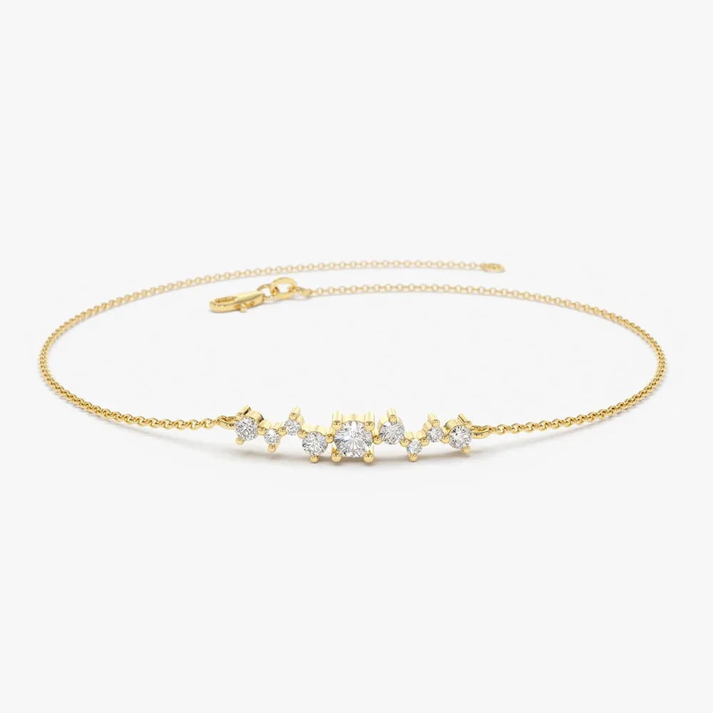 14K Solid Gold Round Diamond Multi Stone Cluster Chain Bracelet Prong Setting 0.27 Carat