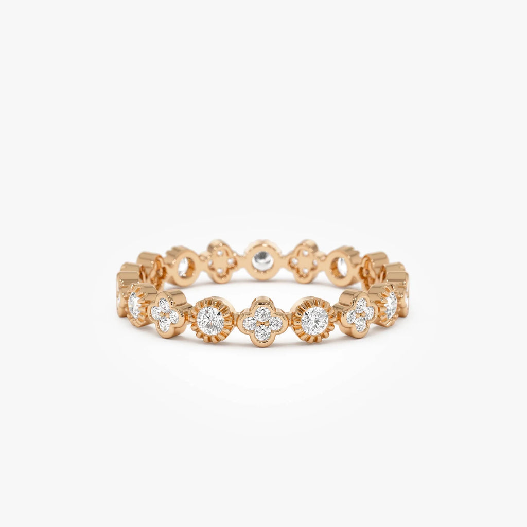14k Gold 0.38ctw Round Diamond Bezel Set Clover Eternity Ring