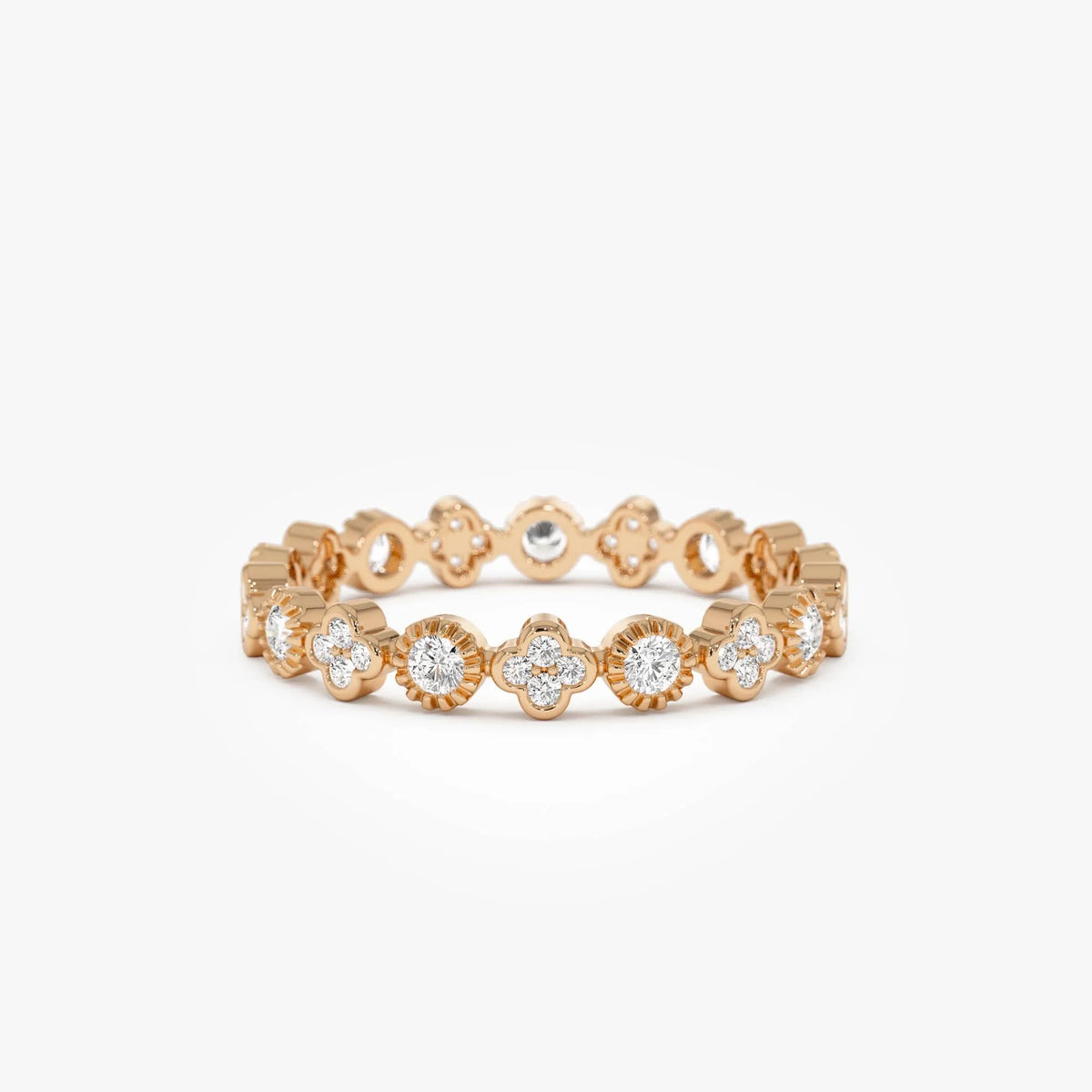 14k Gold 0.38ctw Round Diamond Bezel Set Clover Eternity Ring