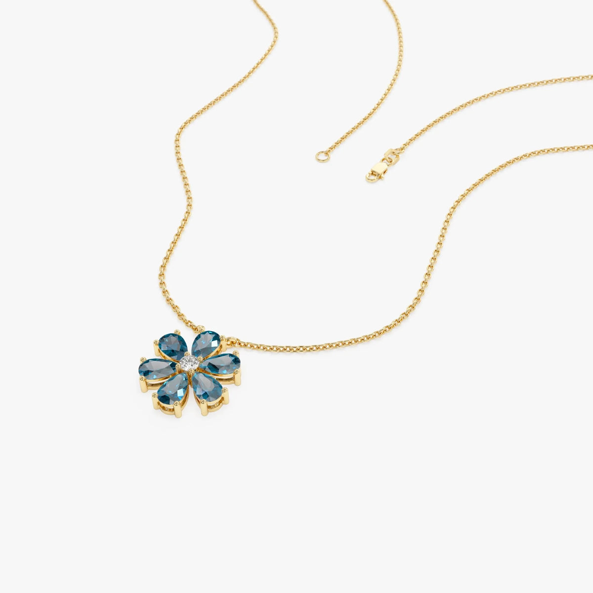 14k Solid Gold London Blue Topaz and Diamond Pear and Round Flower Necklace 1.35 Carat