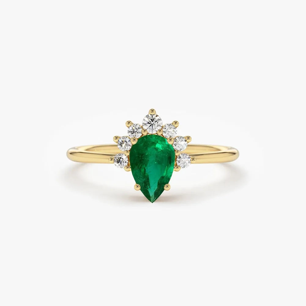 14K Solid Gold Pear Shape Emerald and Round Diamond Half Halo Engagement Ring 0.43 CTW