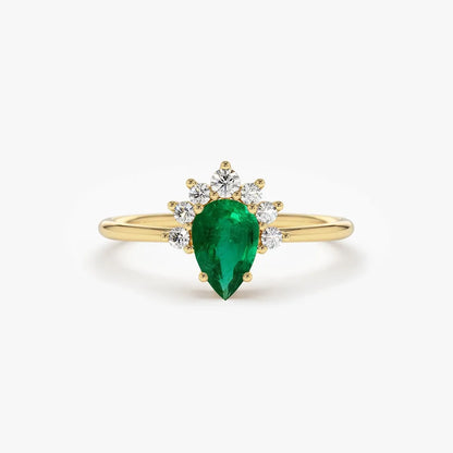 14K Solid Gold Pear Shape Emerald and Round Diamond Half Halo Engagement Ring 0.43 CTW