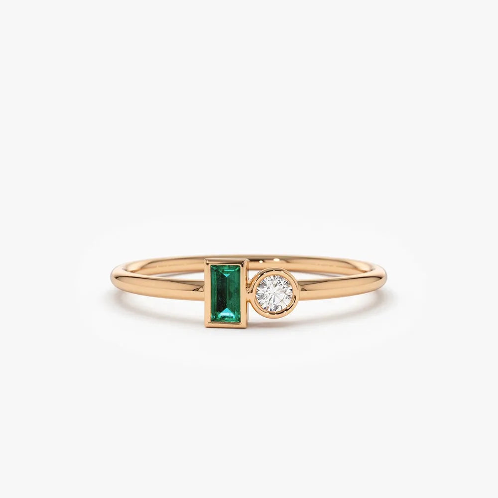 14K Solid Gold Baguette Emerald and Round Diamond Bezel Set Stackable Ring 0.13 CTW