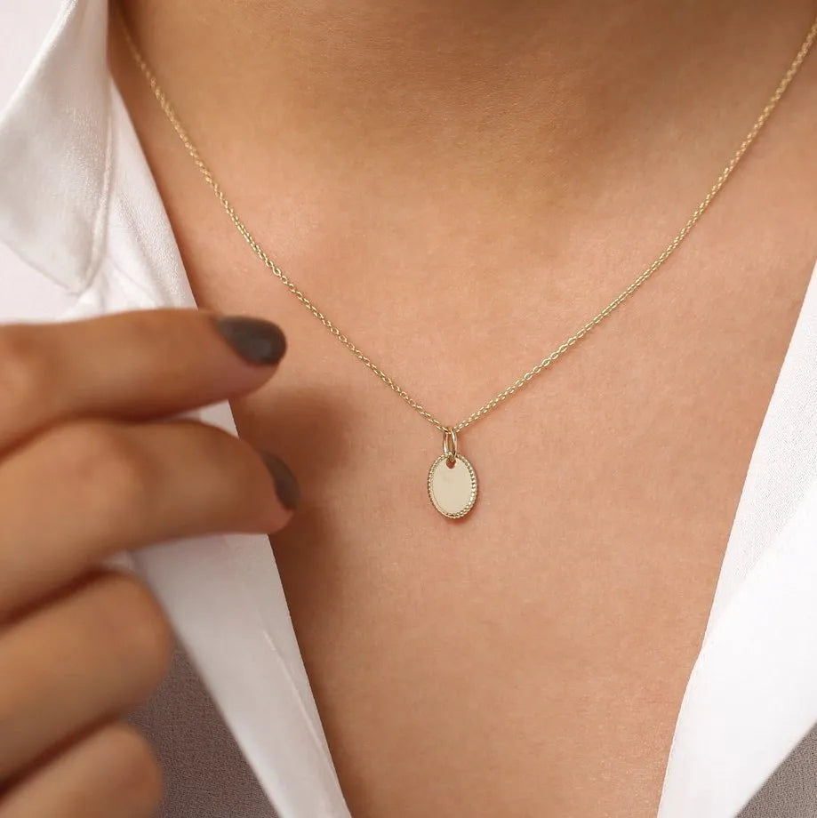 14k Solid Gold Personalized Mini Oval Initial Tag Pendant Necklace with Twist Rope Frame