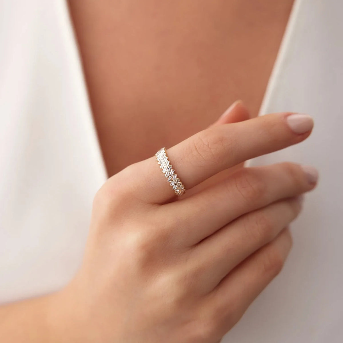 14k Gold Double Row Diagonal Baguette Diamond Ring 0.55 ctw