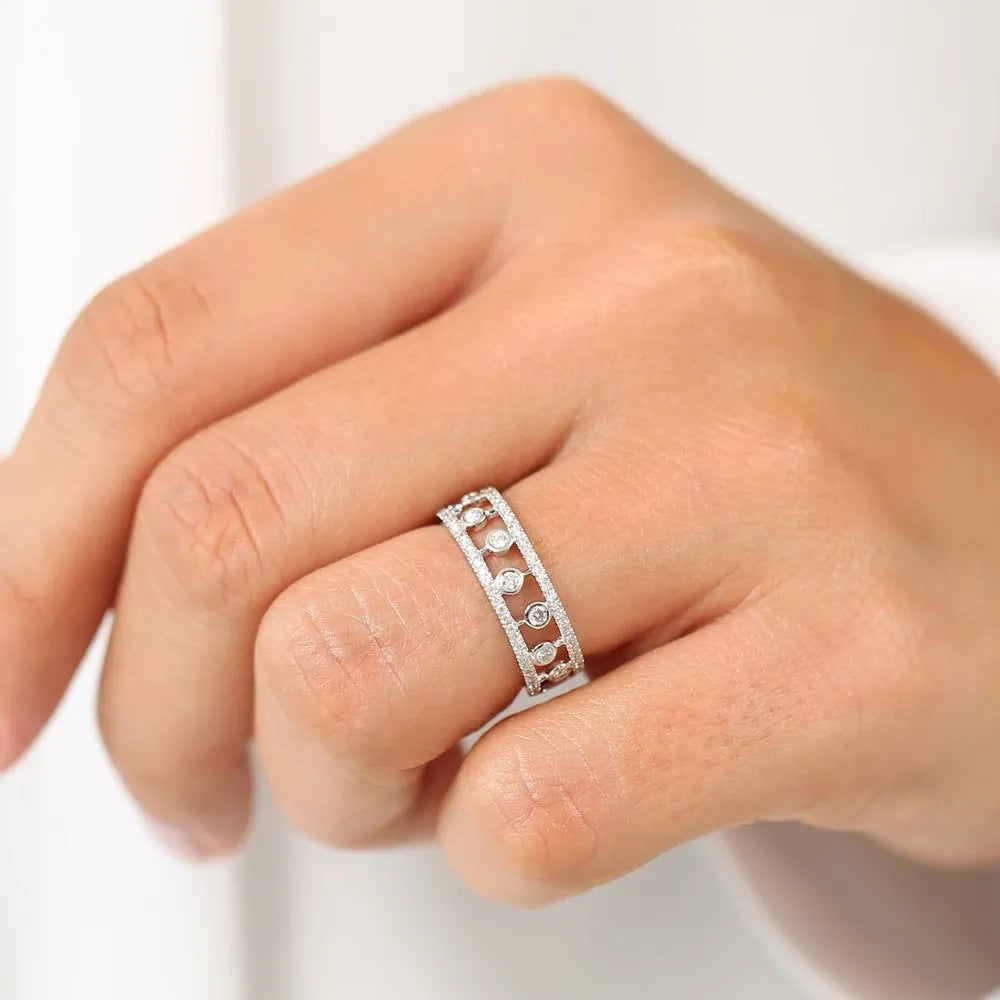 14k Gold Round Diamond 0.48ctw Double Row Pave Floating Bezel Set Ring