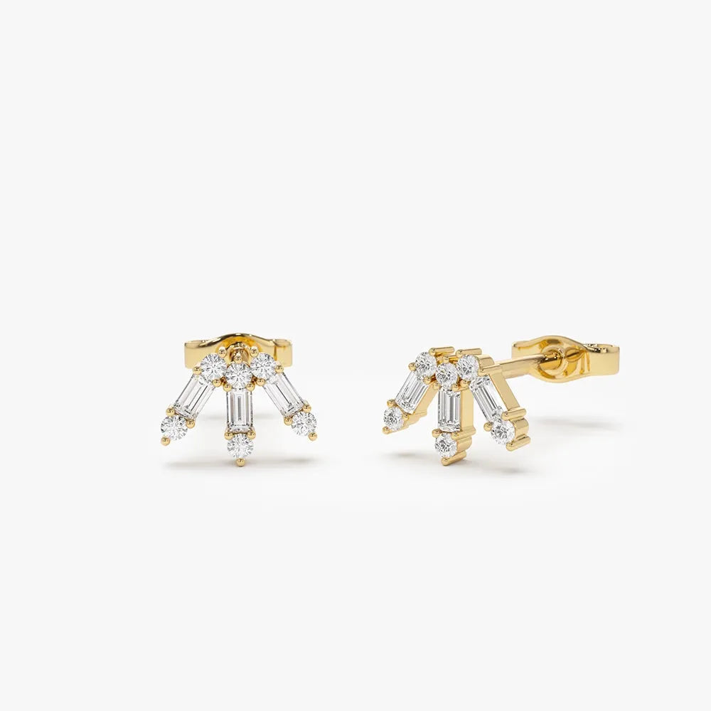 14k Gold Diamond Baguette and Round Cut Spike Stud Earrings Prong Setting 0.25 ctw