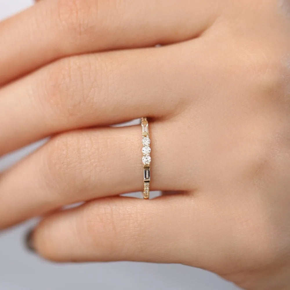 14K Solid Gold 0.23 CTW Round and Baguette Diamond Equilibrium Channel Micro Pave Ring