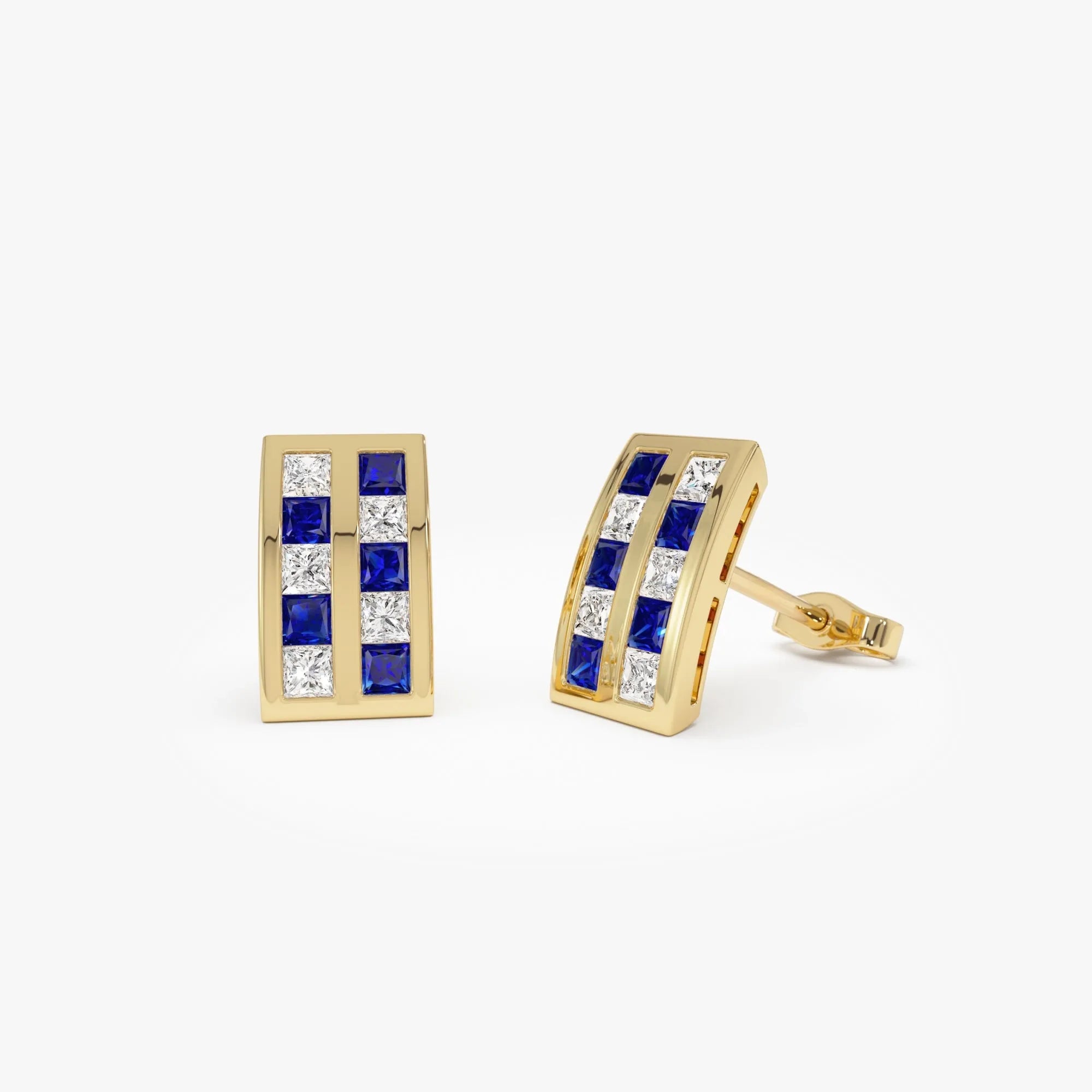 14k Solid Gold Princess Cut Blue Sapphire and Diamond Stud Earrings 1.10 ctw