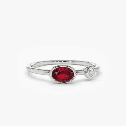 14k Gold Ruby and Diamond Oval and Round Cut Bezel Setting Ring 0.49 ctw