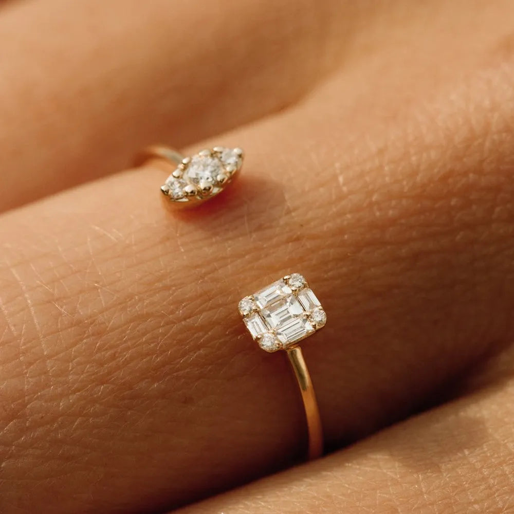 14K Gold 0.15 ctw Diamond Baguette Round and Marquise Open Cuff Ring