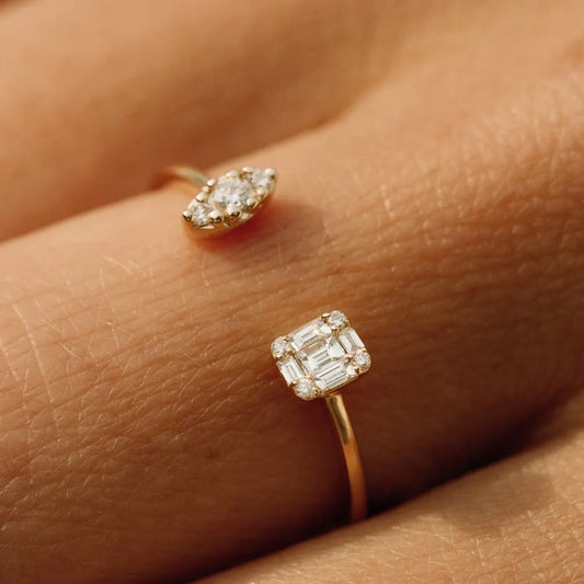 14K Gold 0.15 ctw Diamond Baguette Round and Marquise Open Cuff Ring
