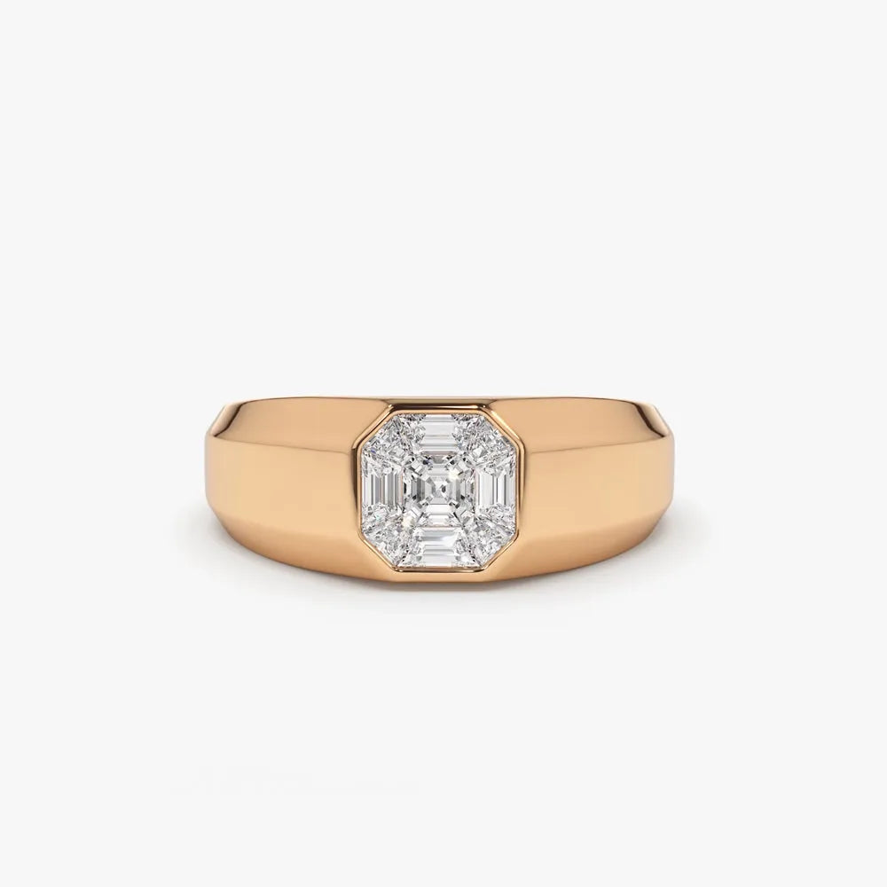 14k Solid Gold 0.40 Carat Diamond Asscher Cut Illusion Mosaic Solitaire Pinky Ring Invisible Bezel Setting