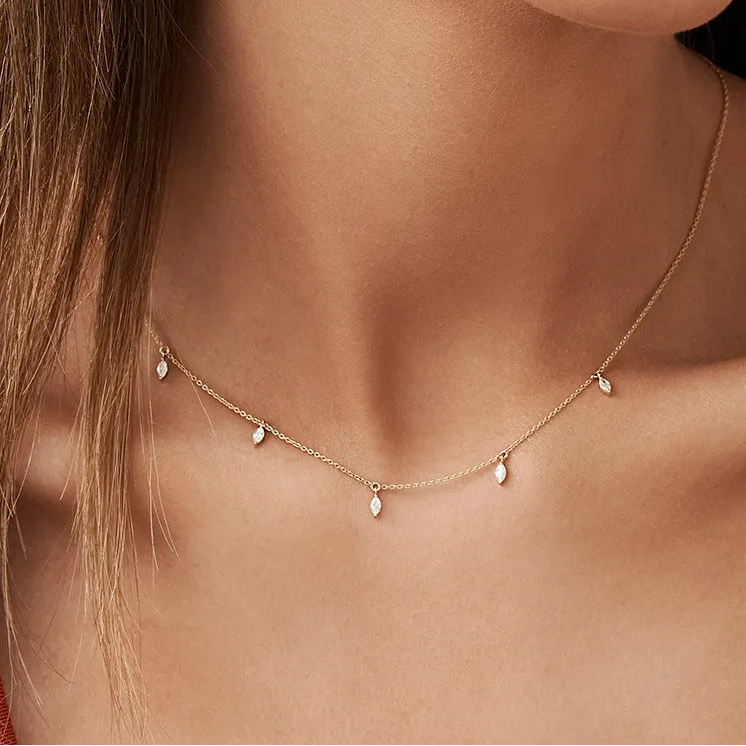 14K Solid Gold Marquise Diamond 5 Stone Dangling Necklace Prong Setting 0.36ctw