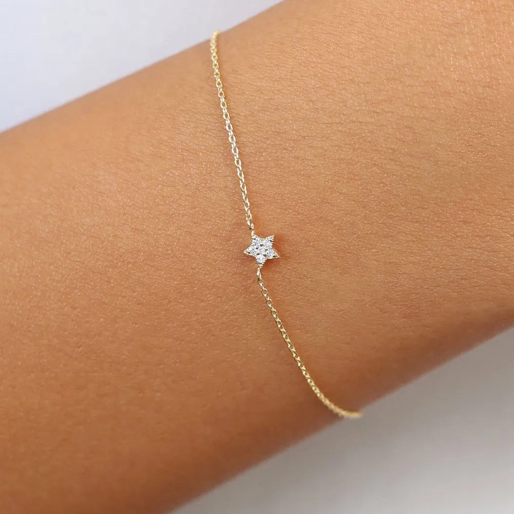 14K Solid Gold Round Diamond Star Charm Bracelet Micro Pave 0.06 Carat