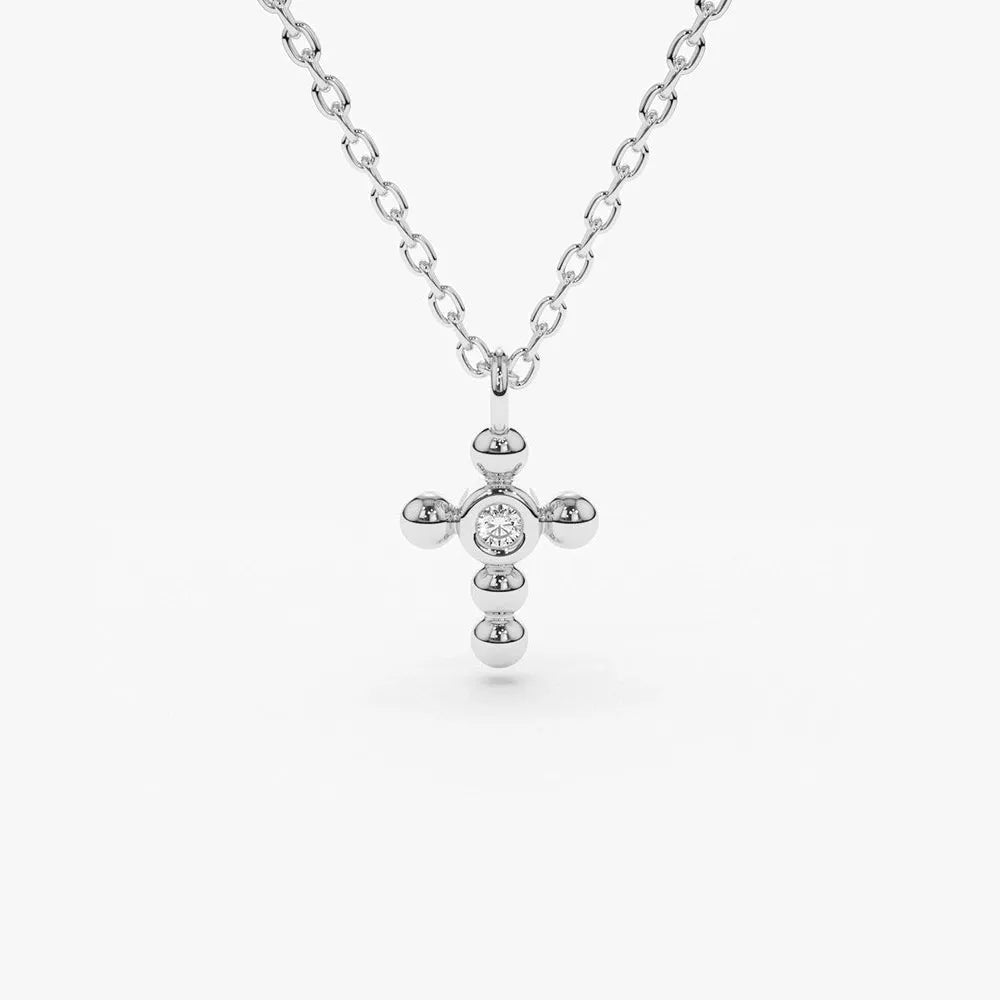 14K Solid Gold Round Diamond Tiny Ball Cross Pendant Necklace Bezel Set 0.03ctw