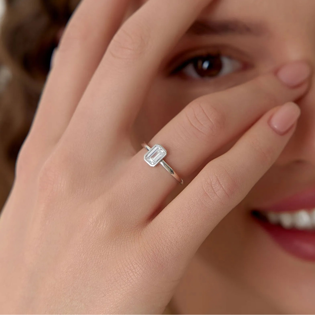 14k Gold Lab Grown Diamond Emerald Cut Bezel Setting Engagement Ring Anna 0.75 to 1.50 ctw