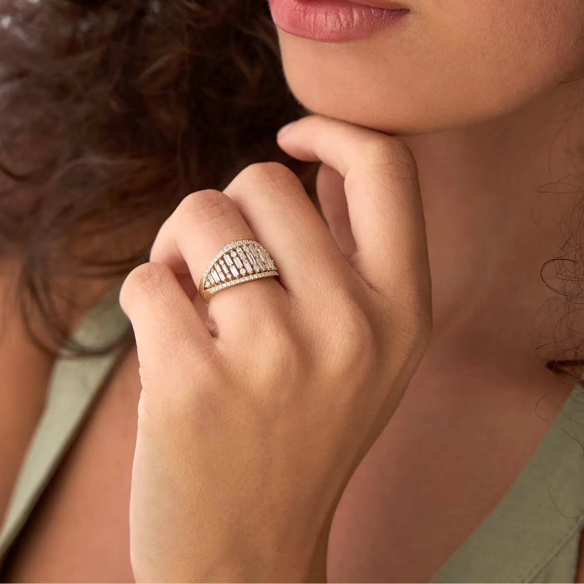 14k Solid Gold Baguette and Round Diamond 0.90 Carat Multi Row Statement Ring