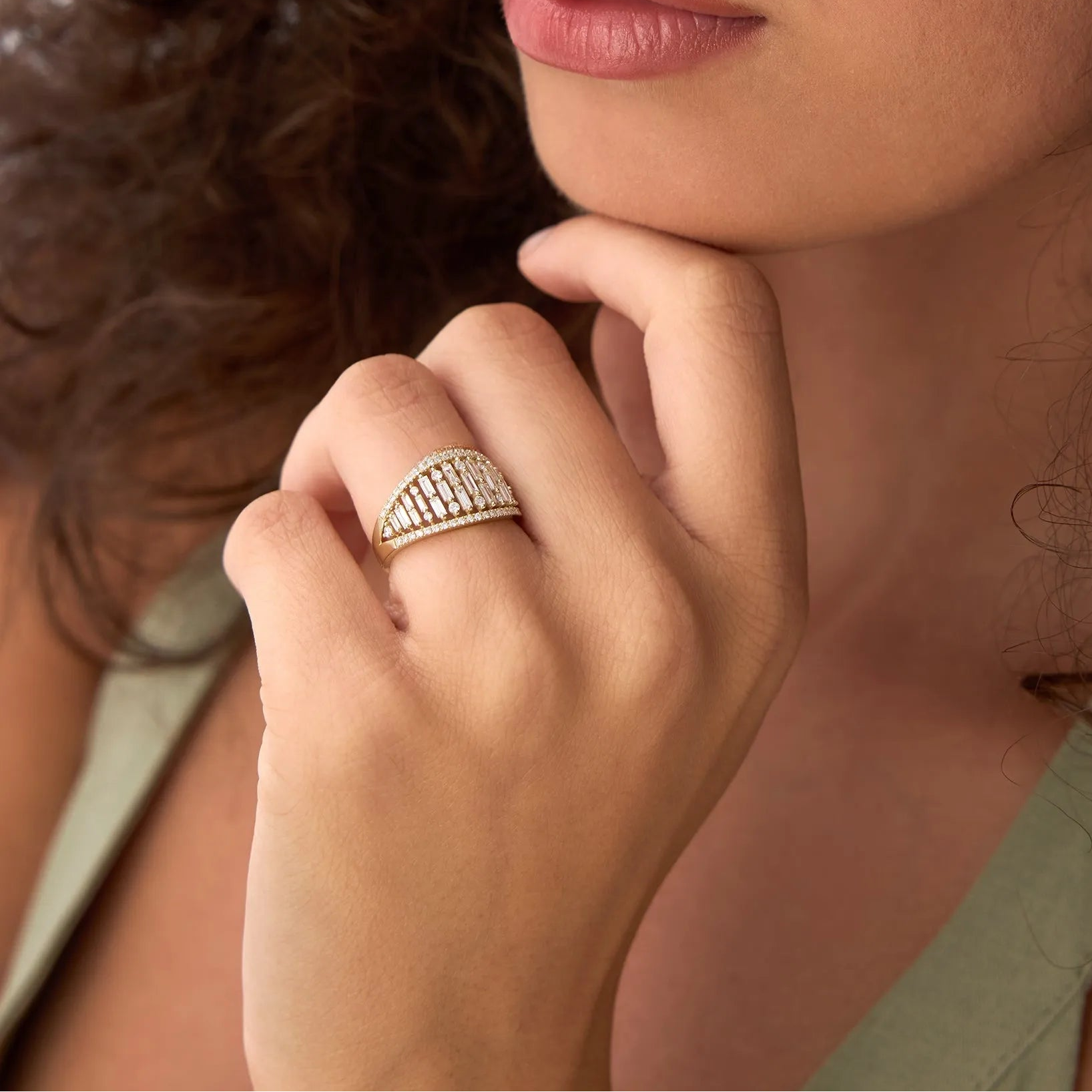 14k Solid Gold Baguette and Round Diamond 0.90 Carat Multi Row Statement Ring