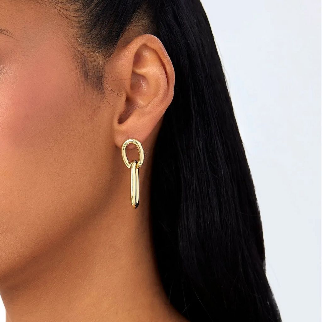 14k Yellow Gold Double Link Dangle Earrings Statement Drop Design 3mm Width
