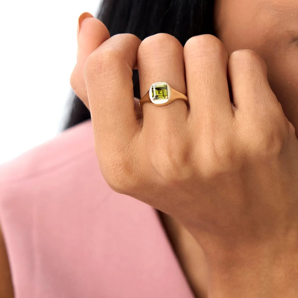 14K Solid Gold Asscher Cut Peridot 1.20 Carat Signet Ring