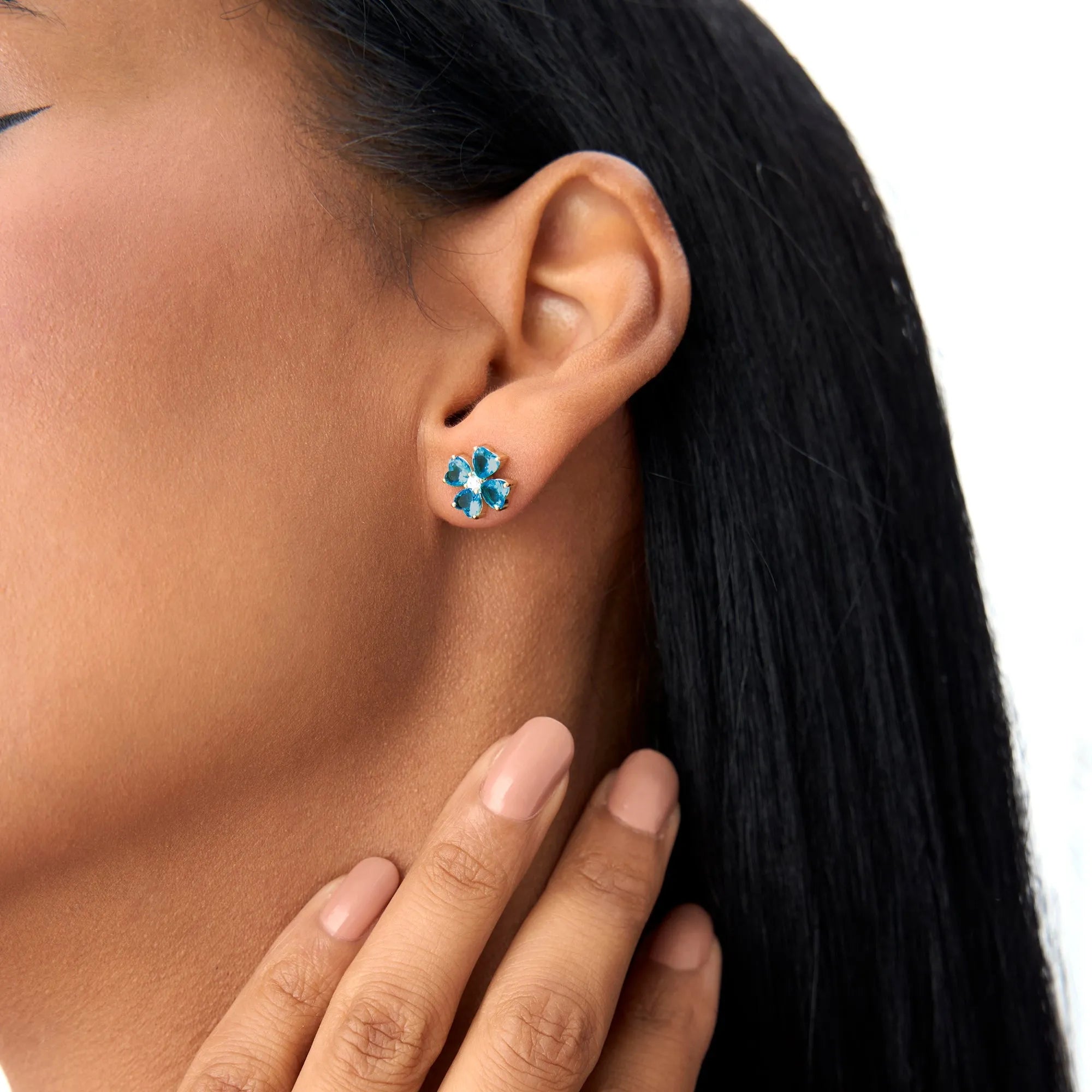14K Gold Heart Shaped London Blue Topaz and Diamond Four Leaf Clover Stud Earrings