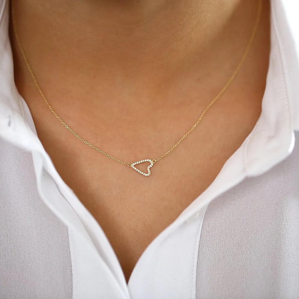 14K Solid Gold Round Diamond Micro Pave Sideways Heart Pendant Necklace 0.15ctw