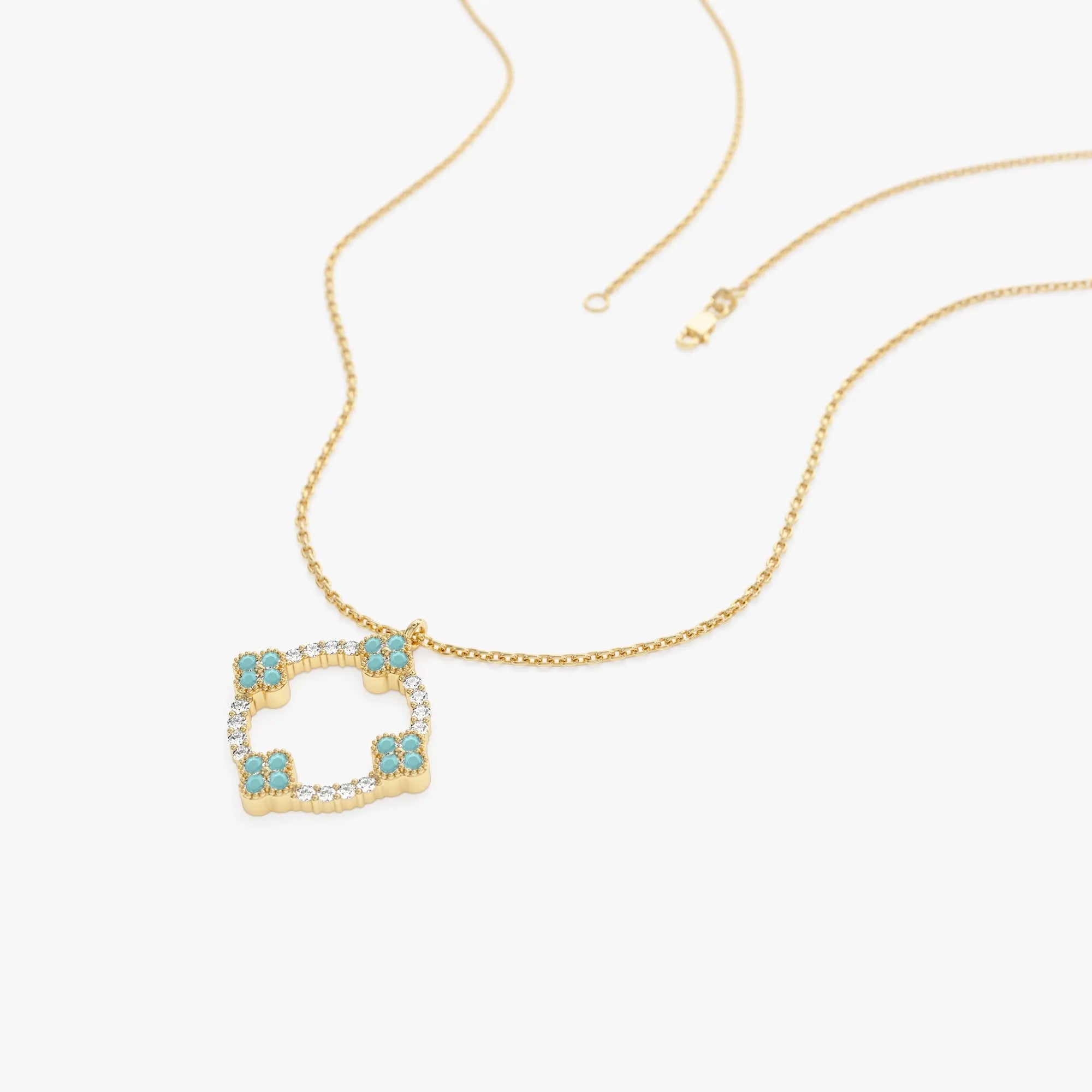 14k Solid Gold Turquoise and Diamond Round Clover Necklace 0.33 Carat
