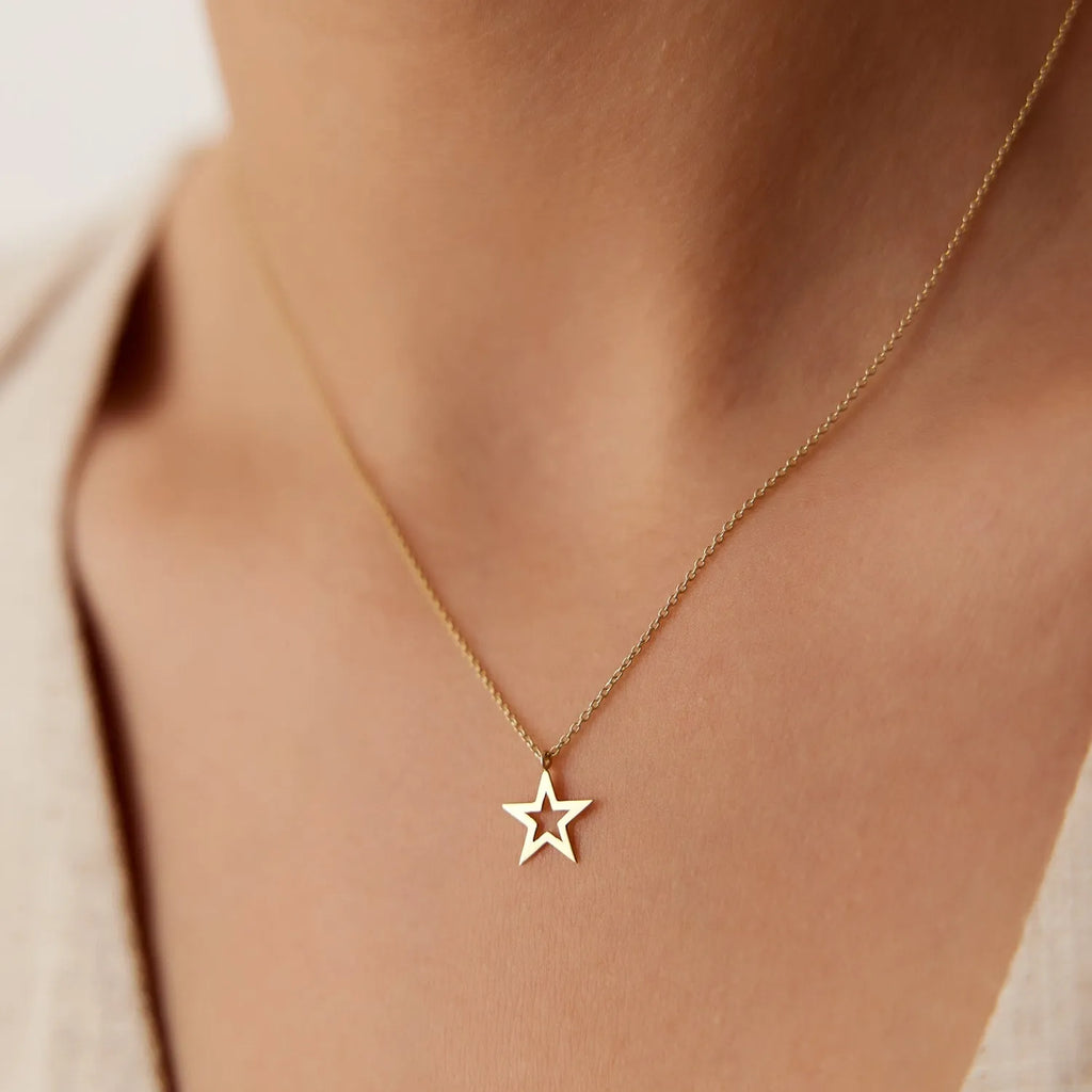 14k Solid Gold Star Charm Pendant Necklace Lucky Star Symbol