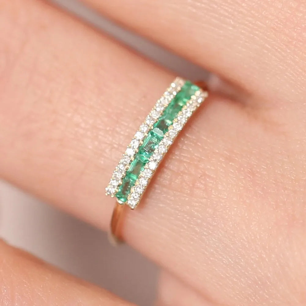 14K Solid Gold Baguette Emerald and Round Diamond Channel Micro Pave Ring 0.60 CTW
