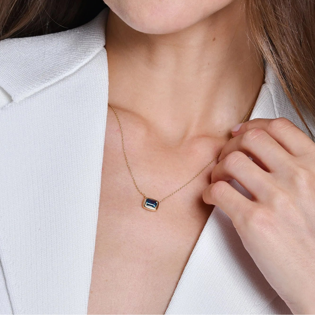 14k Solid Gold London Blue Topaz Emerald Cut Necklace 1.10 Carat Prong Setting