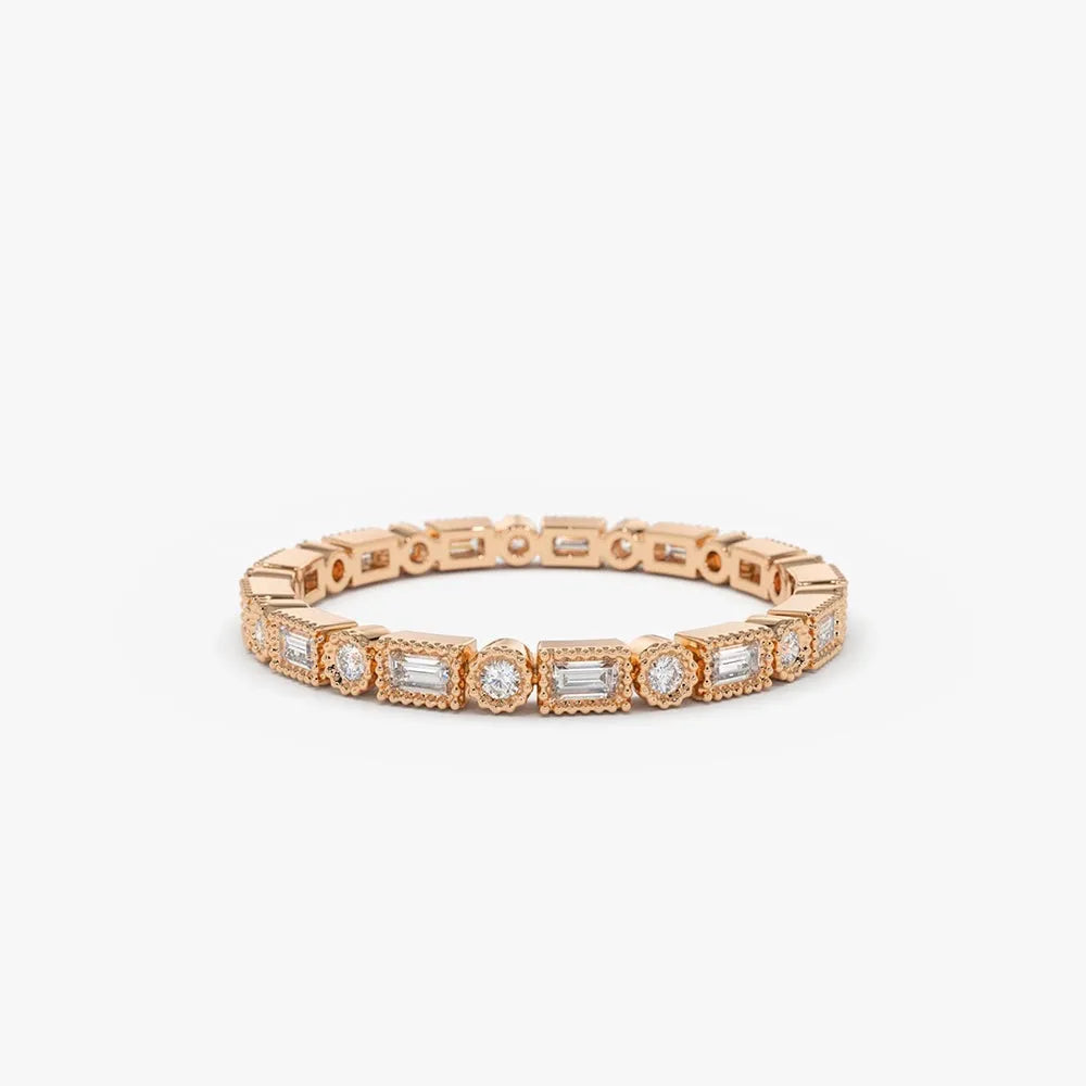 14K Gold 0.50 Carat Baguette and Round Diamond Milgrain Bezel Full Eternity Ring