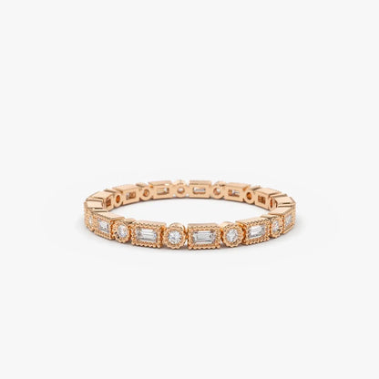 14K Gold 0.50 Carat Baguette and Round Diamond Milgrain Bezel Full Eternity Ring
