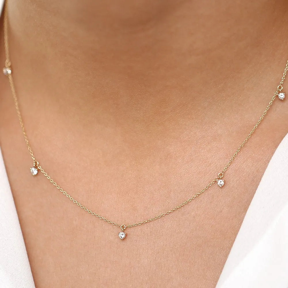 14K Solid Gold Round Diamond 5 Stone Dangling Necklace Prong Setting 0.35ctw