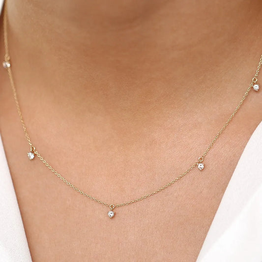 14K Solid Gold Round Diamond 5 Stone Dangling Necklace Prong Setting 0.35ctw