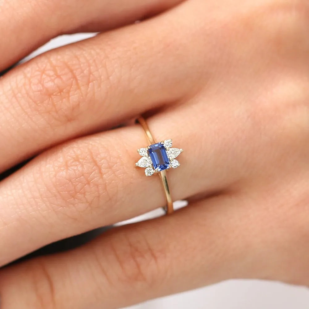 14k Gold Sapphire and Diamond Octagon Pear and Round Cut Ring 0.62 ctw