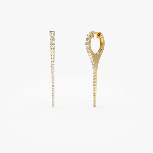 14k Gold Diamond Round Cut Medium Dagger Drop Hoop Earrings 0.79 ctw