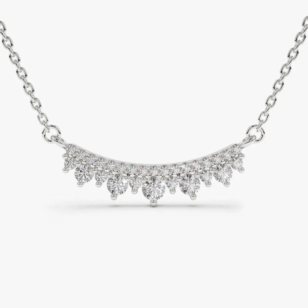 14K Solid Gold Round Diamond Curved Bar Necklace Micro Pave 0.39ctw
