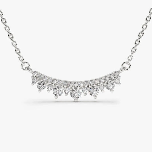 14K Solid Gold Round Diamond Curved Bar Necklace Micro Pave 0.39ctw