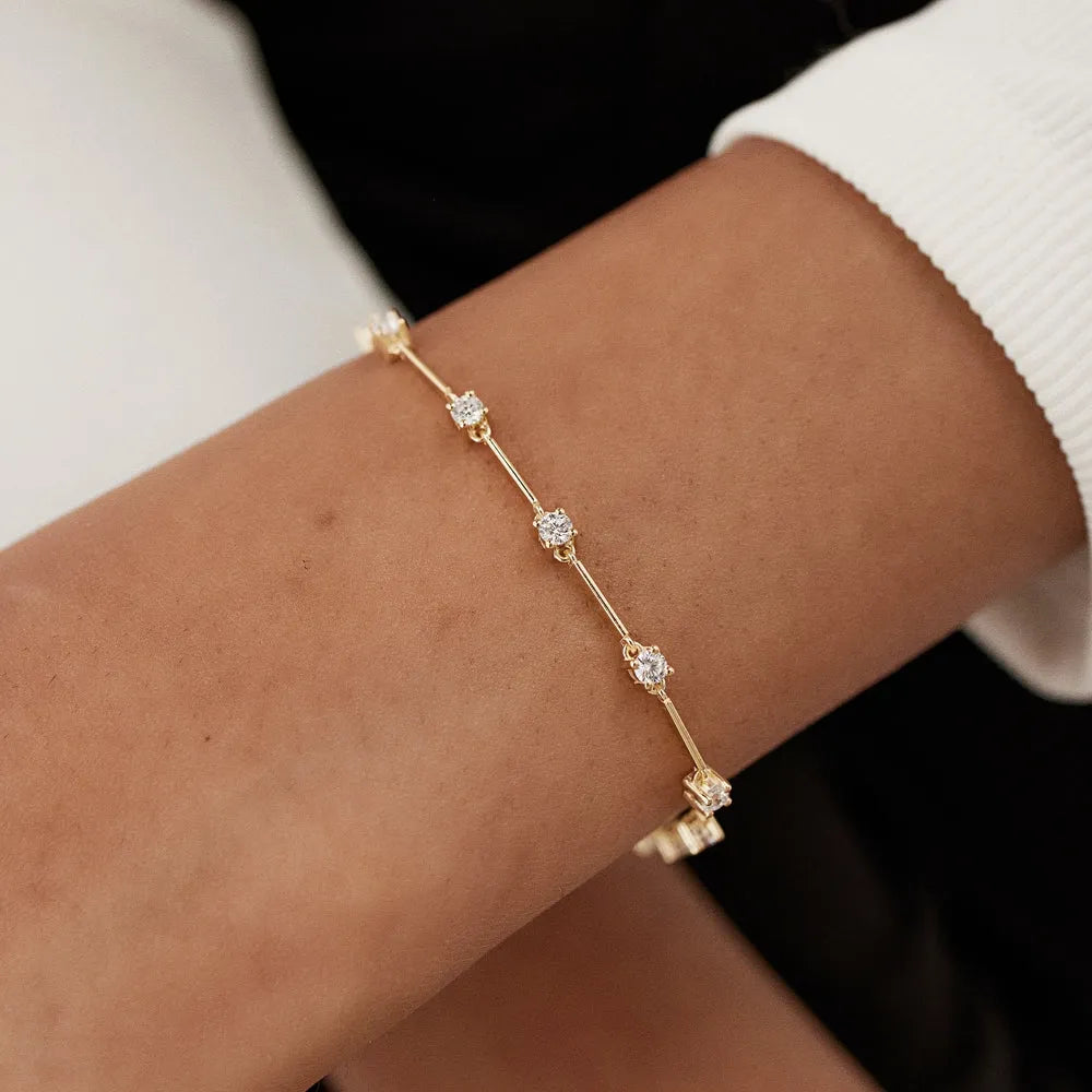 14K Solid Gold 0.85 CTW Round Diamond Infinity Bar Prong Set Bracelet