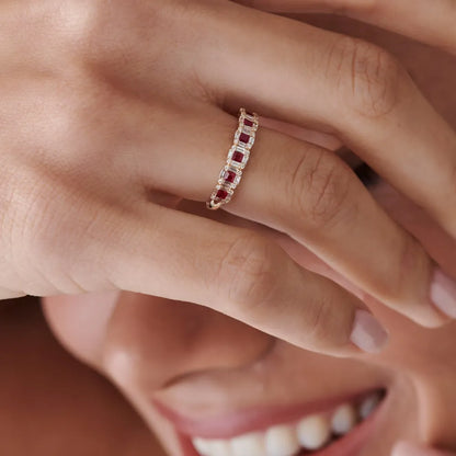 14k Gold Ruby and Diamond Princess Baguette and Round Cut Ring 0.80 ctw