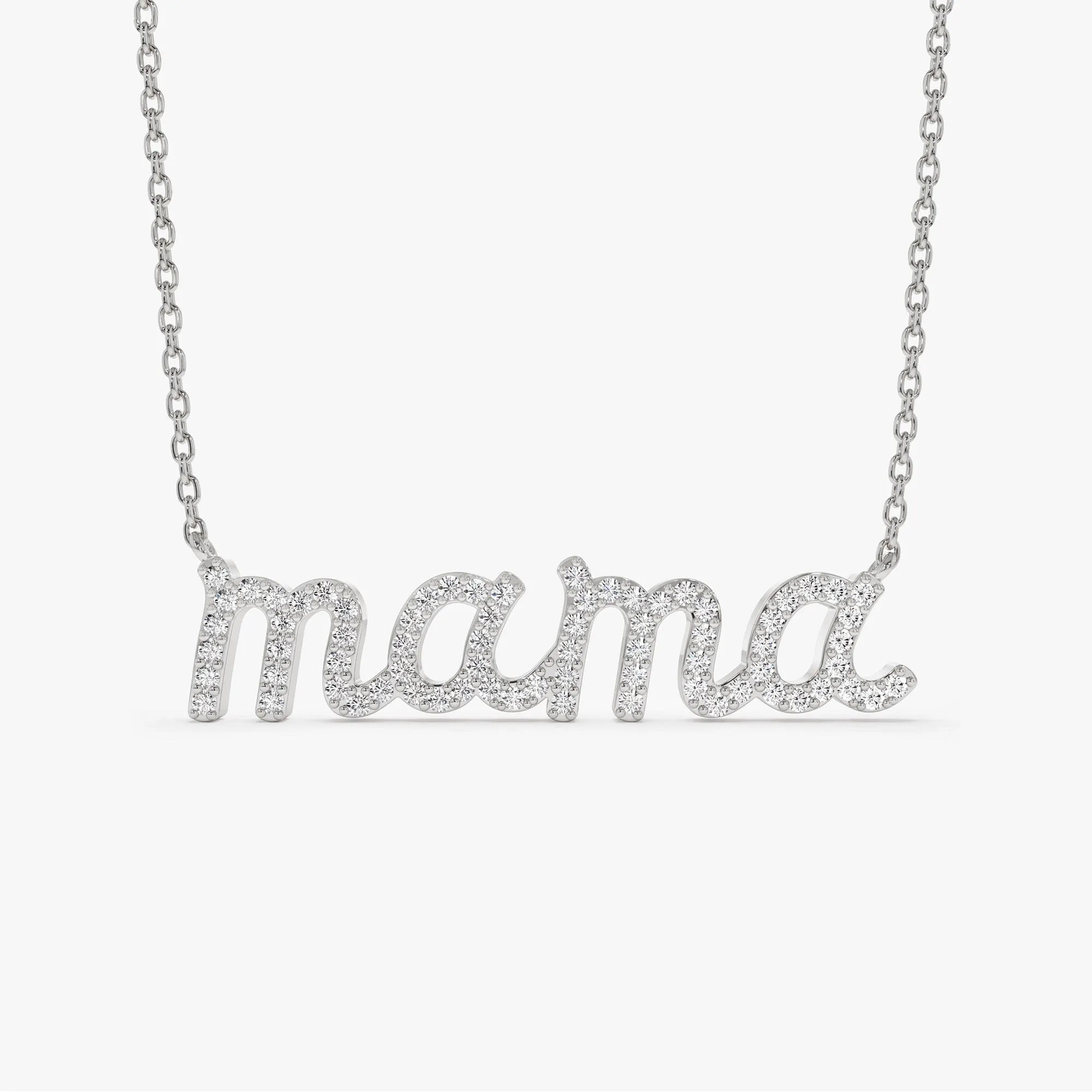 14k Solid Gold Round Diamond 0.30 CTW Micro Pave Script Mama Necklace